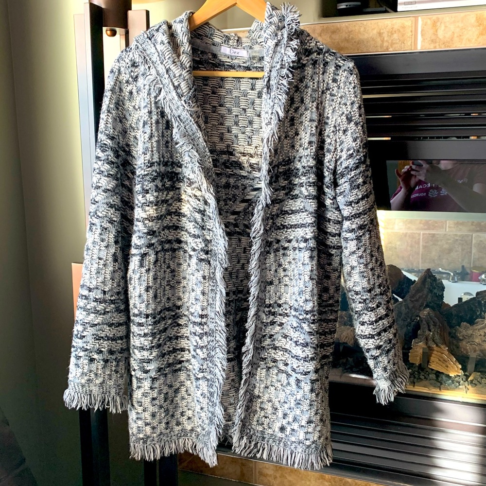 Dex Black and Grey Fringe Sweater with Hood